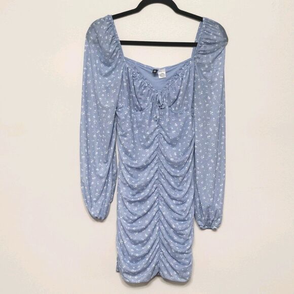 Divided H&M Blue Floral Ruched Dress Medium 90s Y2K Fairy Whimsigoth - Picture 1 of 5